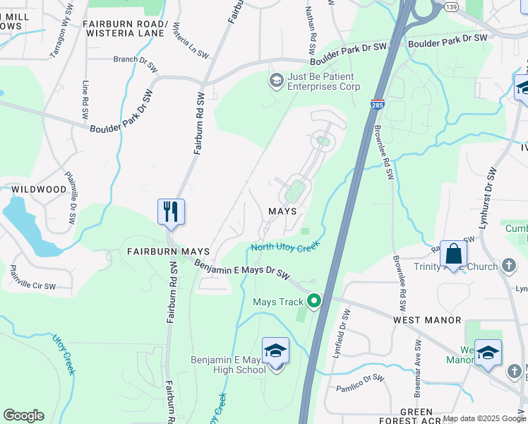 map of restaurants, bars, coffee shops, grocery stores, and more near 623 Lofty Lane in Atlanta