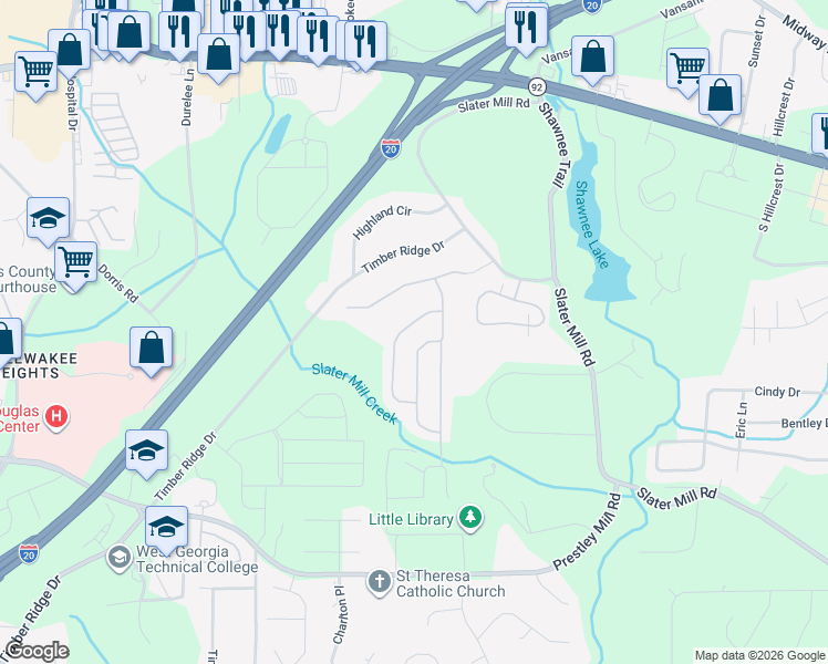 map of restaurants, bars, coffee shops, grocery stores, and more near 8718 Danley Drive in Douglasville