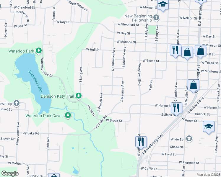 map of restaurants, bars, coffee shops, grocery stores, and more near 1600 W Murray St in Denison