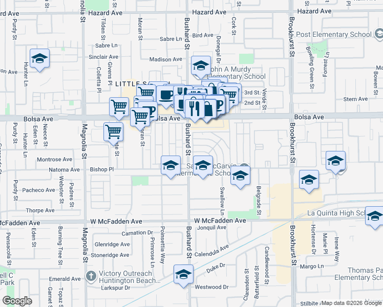 map of restaurants, bars, coffee shops, grocery stores, and more near 9702 Bolsa Avenue in Westminster