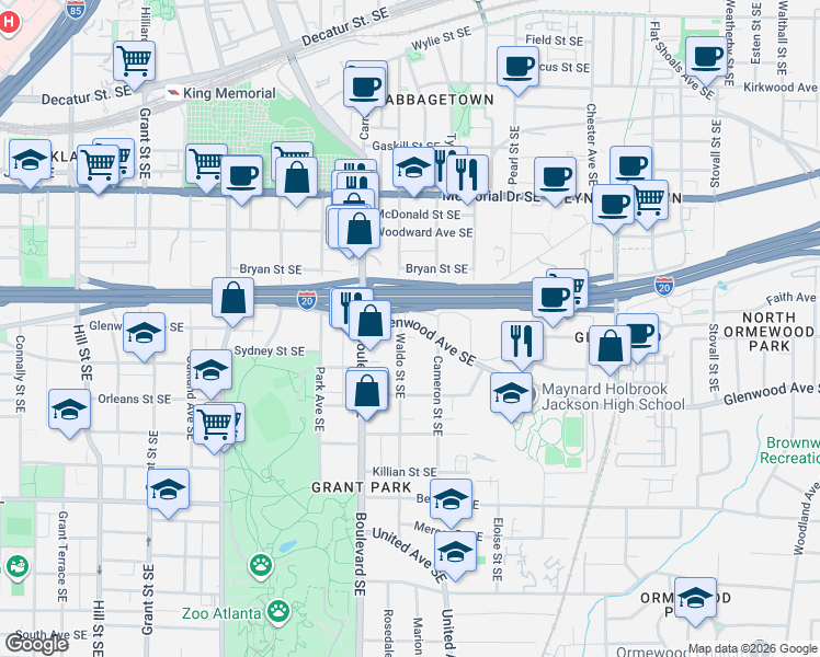map of restaurants, bars, coffee shops, grocery stores, and more near 662 Glenwood Avenue Southeast in Atlanta