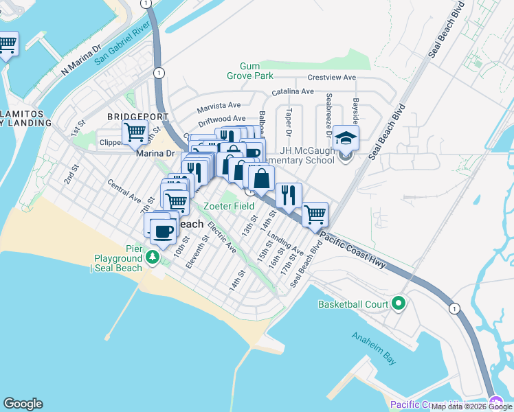 map of restaurants, bars, coffee shops, grocery stores, and more near 1244 California 1 in Seal Beach