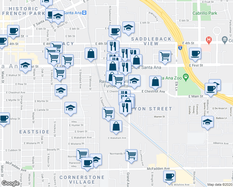 map of restaurants, bars, coffee shops, grocery stores, and more near 1074 East Chestnut Avenue in Santa Ana