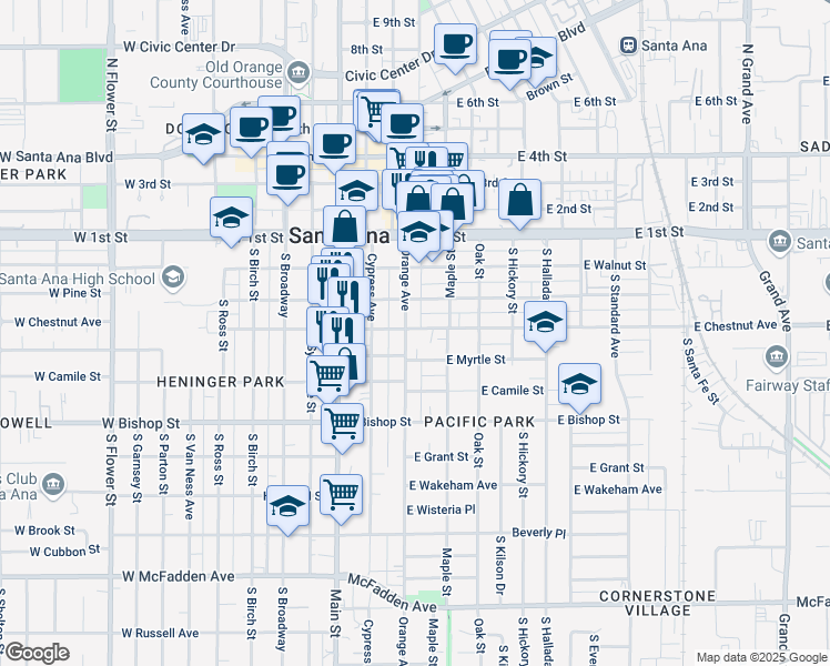 map of restaurants, bars, coffee shops, grocery stores, and more near 302 East Chestnut Avenue in Santa Ana