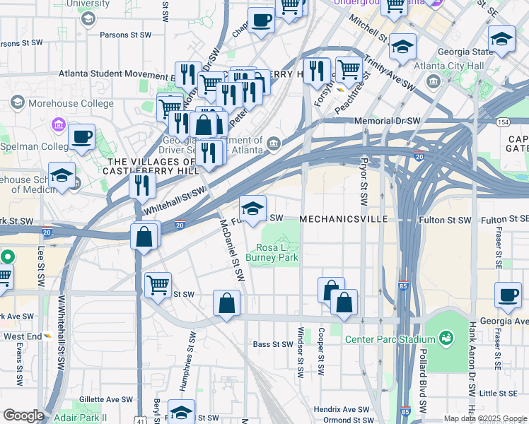 map of restaurants, bars, coffee shops, grocery stores, and more near 395 Fulton Street Southwest in Atlanta