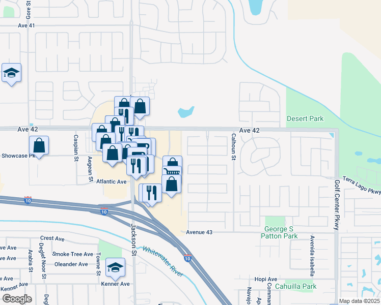 map of restaurants, bars, coffee shops, grocery stores, and more near 83284 Lightning Road in Indio