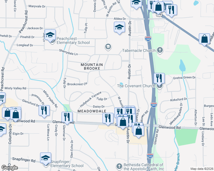 map of restaurants, bars, coffee shops, grocery stores, and more near 1730 West Austin Road in Decatur