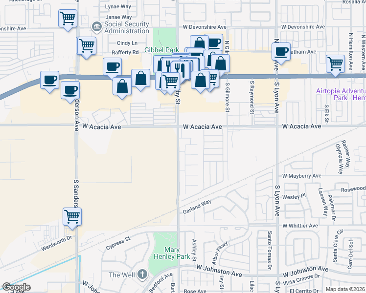 map of restaurants, bars, coffee shops, grocery stores, and more near 381 Carmel Way in Hemet