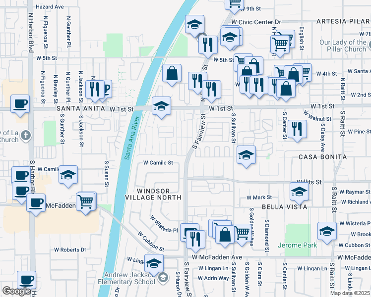map of restaurants, bars, coffee shops, grocery stores, and more near 216 Monaco Avenue in Santa Ana