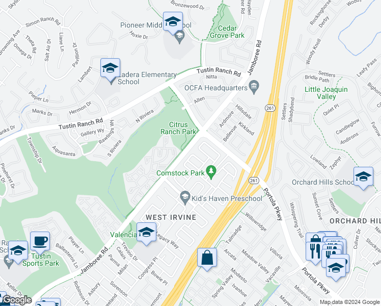 map of restaurants, bars, coffee shops, grocery stores, and more near 21 Carriage Drive in Irvine