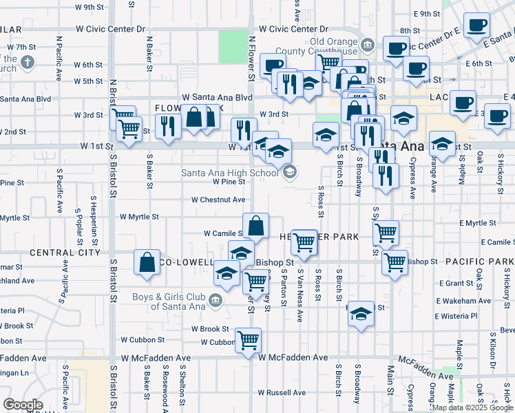 map of restaurants, bars, coffee shops, grocery stores, and more near 325 South Flower Street in Santa Ana