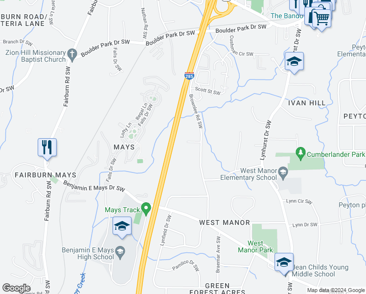 map of restaurants, bars, coffee shops, grocery stores, and more near 505 Dameron Cir SW in Atlanta