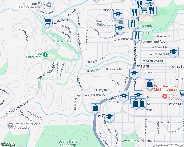 map of restaurants, bars, coffee shops, grocery stores, and more near 396 Miraleste Drive in Los Angeles