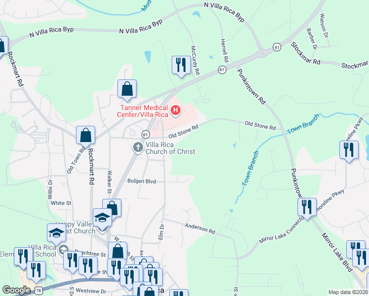 map of restaurants, bars, coffee shops, grocery stores, and more near 326 Old Stone Road in Villa Rica