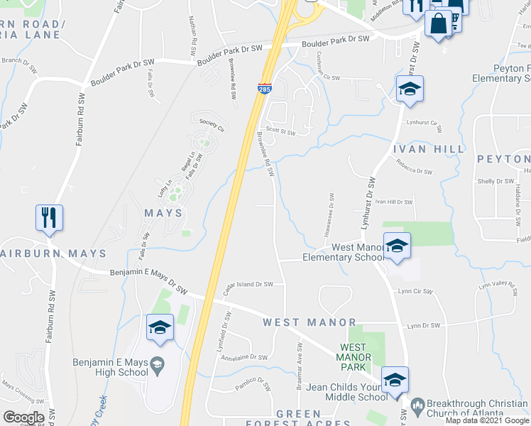 map of restaurants, bars, coffee shops, grocery stores, and more near 505 Dameron Circle Southwest in Atlanta