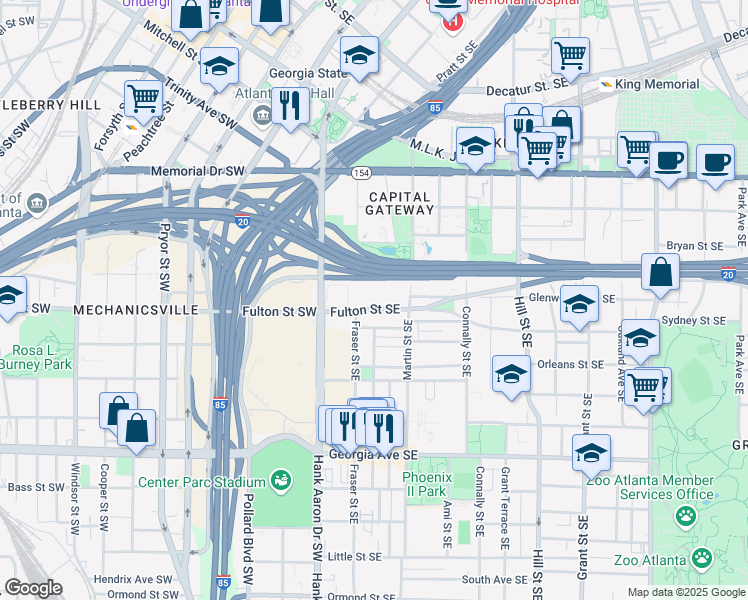 map of restaurants, bars, coffee shops, grocery stores, and more near 63 Solomon Street Southeast in Atlanta