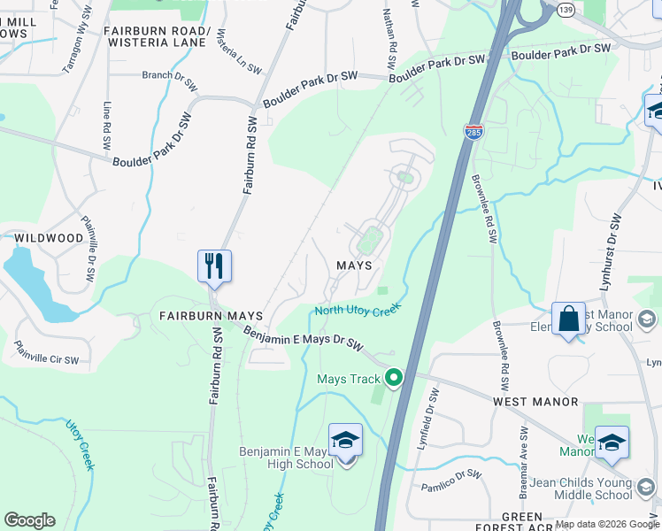 map of restaurants, bars, coffee shops, grocery stores, and more near 623 Lofty Lane in Atlanta