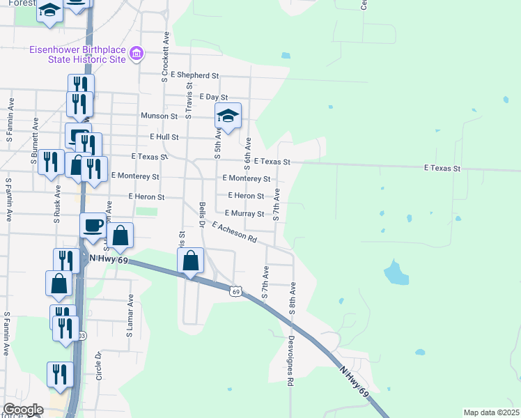 map of restaurants, bars, coffee shops, grocery stores, and more near 617 East Murray Street in Denison