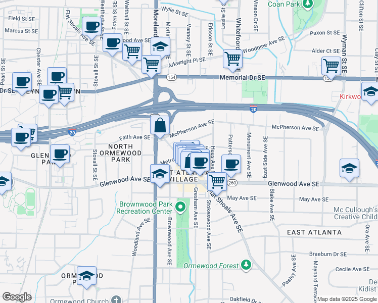 map of restaurants, bars, coffee shops, grocery stores, and more near 1260 Metropolitan Avenue Southeast in Atlanta