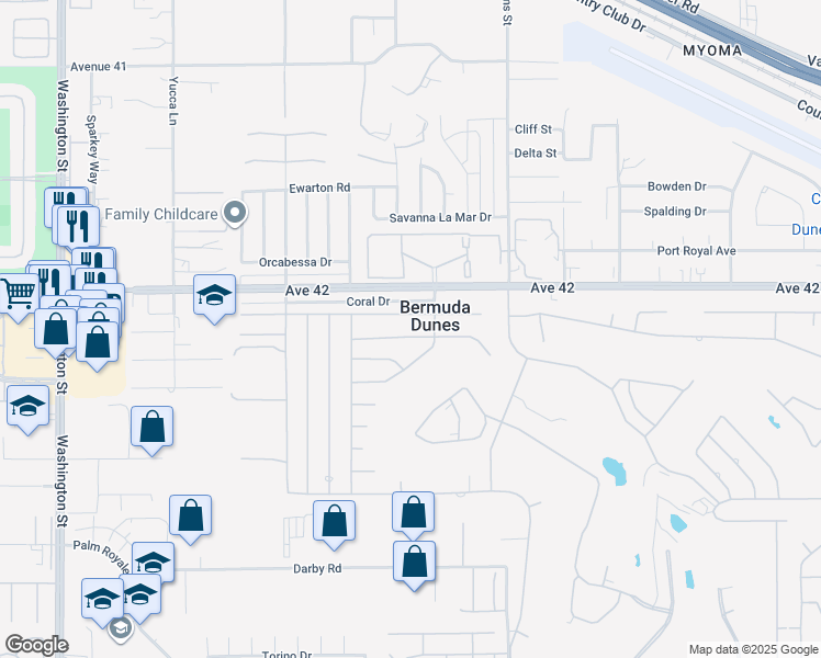 map of restaurants, bars, coffee shops, grocery stores, and more near 78770 Martinique Drive in Bermuda Dunes