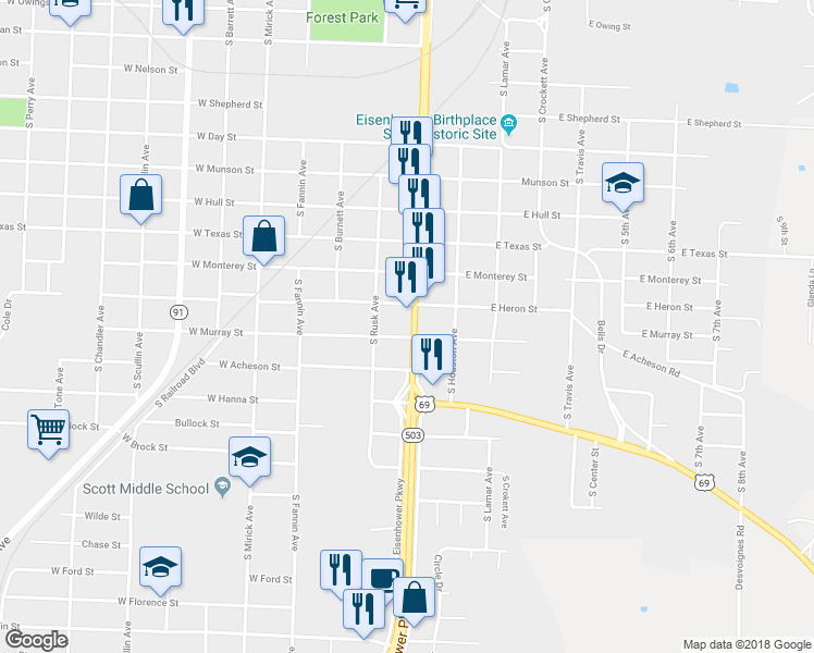 map of restaurants, bars, coffee shops, grocery stores, and more near 1331 South Austin Avenue in Denison