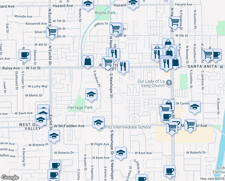 map of restaurants, bars, coffee shops, grocery stores, and more near 311 South Newhope Street in Santa Ana