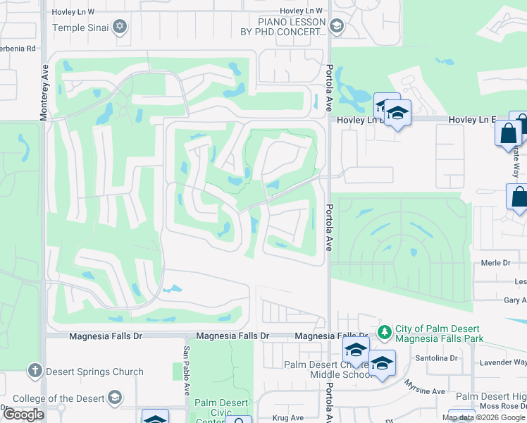 map of restaurants, bars, coffee shops, grocery stores, and more near 126 Presidio Place in Palm Desert