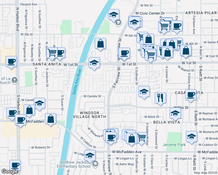 map of restaurants, bars, coffee shops, grocery stores, and more near 216 Monaco Avenue in Santa Ana