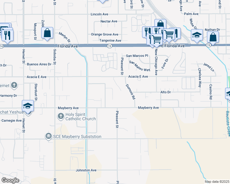 map of restaurants, bars, coffee shops, grocery stores, and more near 26116 Corte Tecolote in Hemet