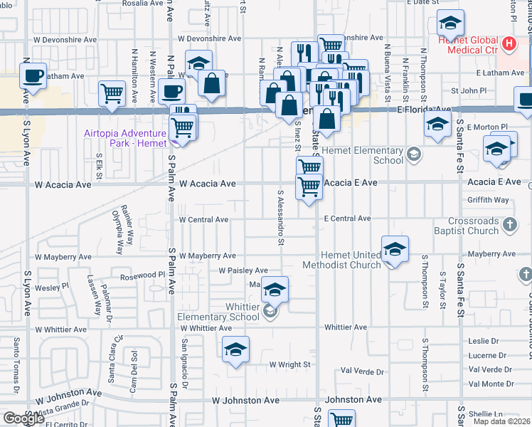 map of restaurants, bars, coffee shops, grocery stores, and more near 358 South Ramona Street in Hemet