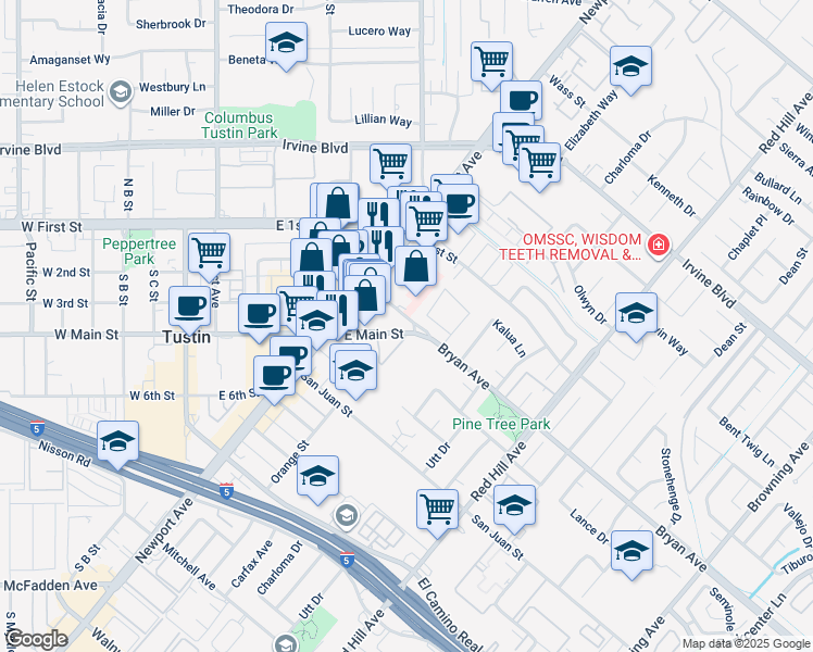 map of restaurants, bars, coffee shops, grocery stores, and more near 1132 Letty Lane in Tustin