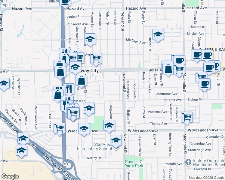 map of restaurants, bars, coffee shops, grocery stores, and more near 8412 Tulipwood Circle in Westminster