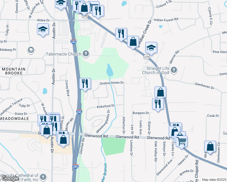 map of restaurants, bars, coffee shops, grocery stores, and more near 1681 Atherton Circle in Decatur