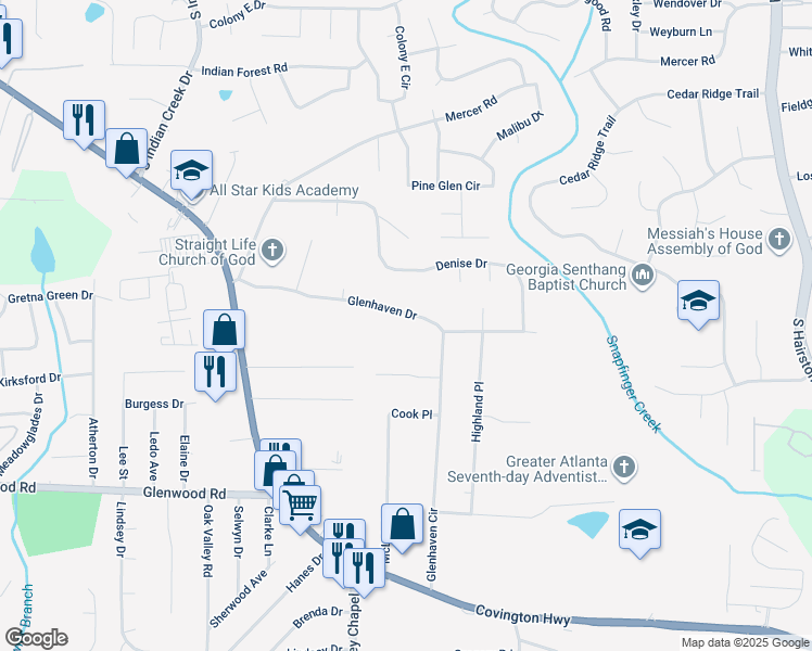 map of restaurants, bars, coffee shops, grocery stores, and more near 4353 Glenhaven Drive in Decatur