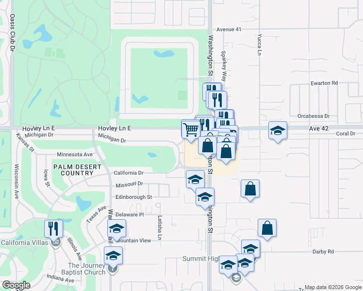 map of restaurants, bars, coffee shops, grocery stores, and more near 77815 Michigan Drive in Palm Desert