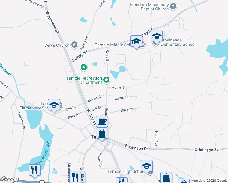 map of restaurants, bars, coffee shops, grocery stores, and more near 35 Holder St in Temple