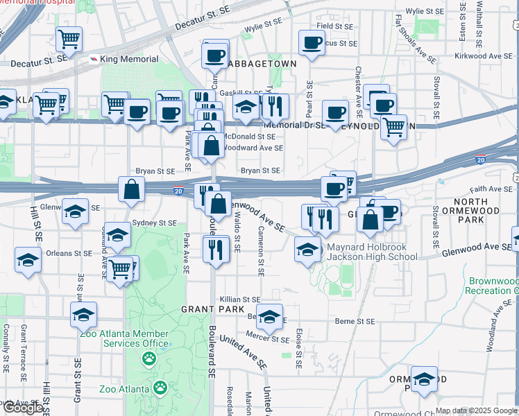 map of restaurants, bars, coffee shops, grocery stores, and more near 441 Cameron Street Southeast in Atlanta