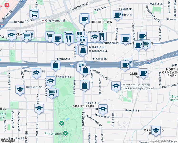 map of restaurants, bars, coffee shops, grocery stores, and more near 619 Glenwood Avenue Southeast in Atlanta