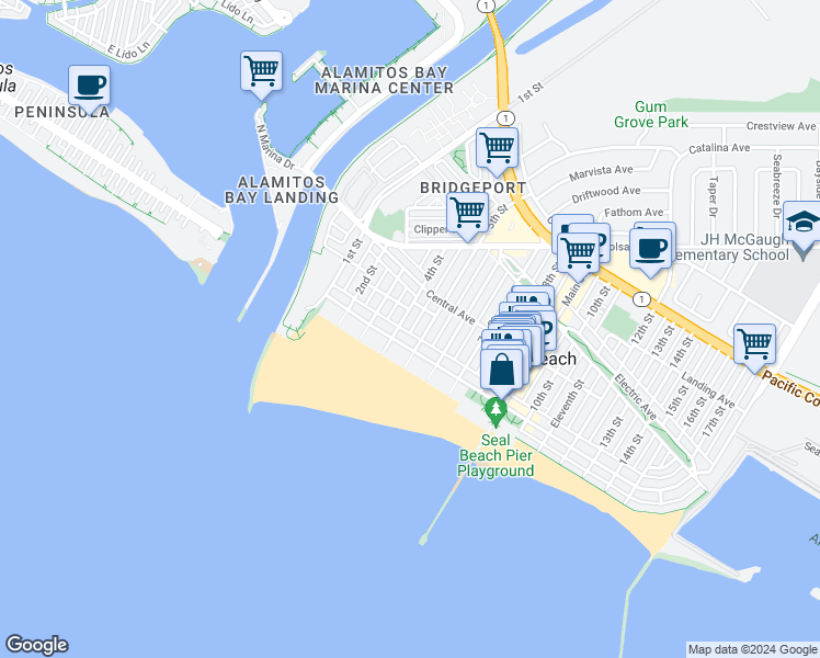 map of restaurants, bars, coffee shops, grocery stores, and more near 112 4th Street in Seal Beach