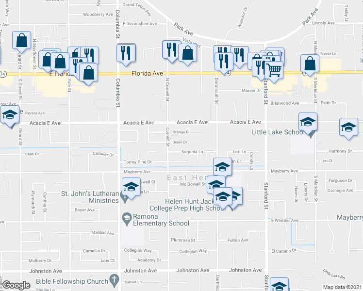 map of restaurants, bars, coffee shops, grocery stores, and more near 41315 Dixon Drive in Hemet