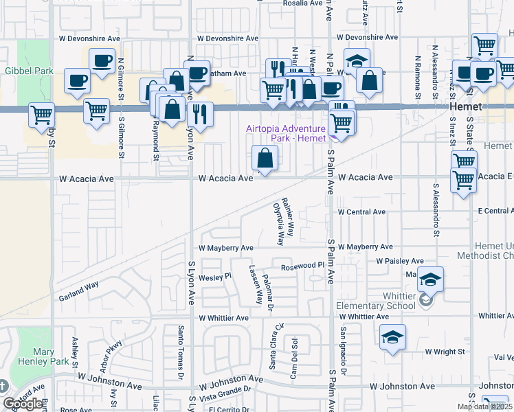 map of restaurants, bars, coffee shops, grocery stores, and more near 1280 Amberwood Drive in Hemet