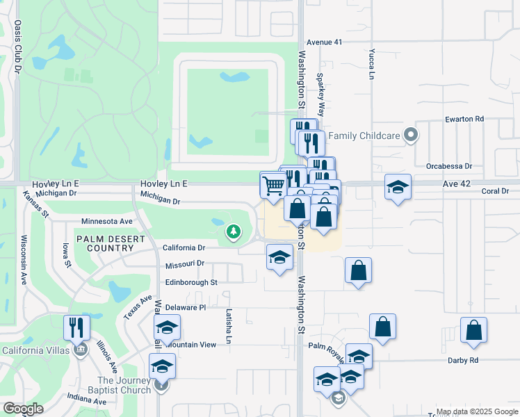 map of restaurants, bars, coffee shops, grocery stores, and more near 12 Idaho Street in Palm Desert