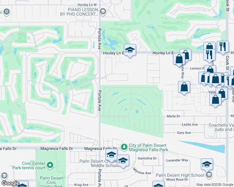 map of restaurants, bars, coffee shops, grocery stores, and more near 74097 Angels Camp Rd in Palm Desert