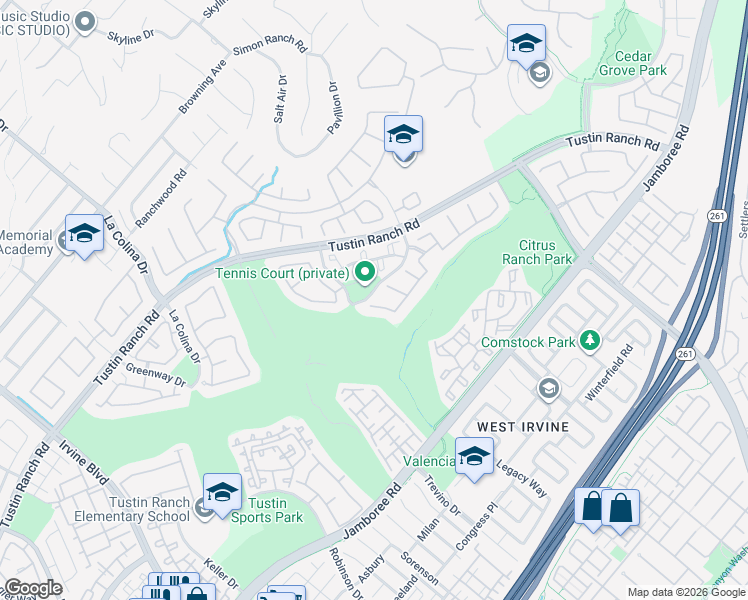 map of restaurants, bars, coffee shops, grocery stores, and more near 2610 Saint Simons in Tustin