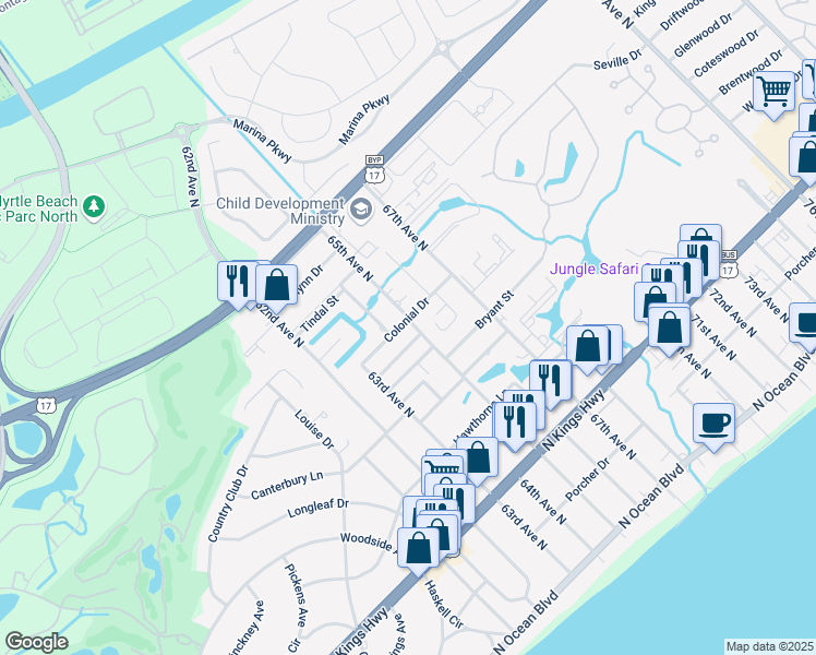 map of restaurants, bars, coffee shops, grocery stores, and more near 6314B Colonial Drive in Myrtle Beach