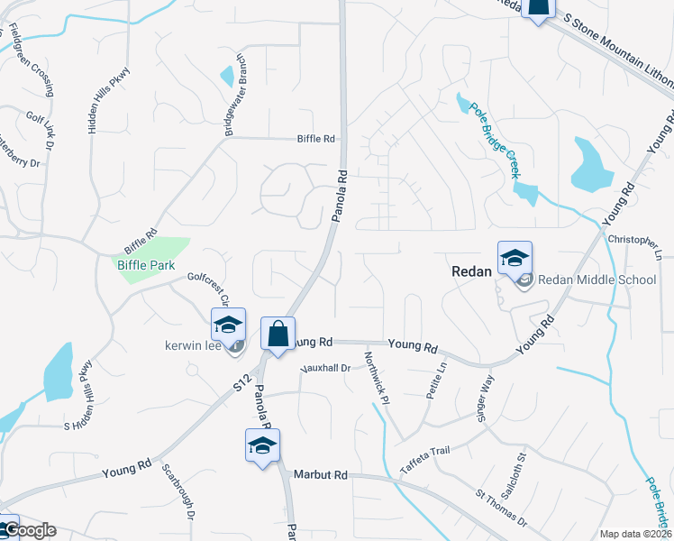 map of restaurants, bars, coffee shops, grocery stores, and more near 1785 Treymire Court in Stone Mountain