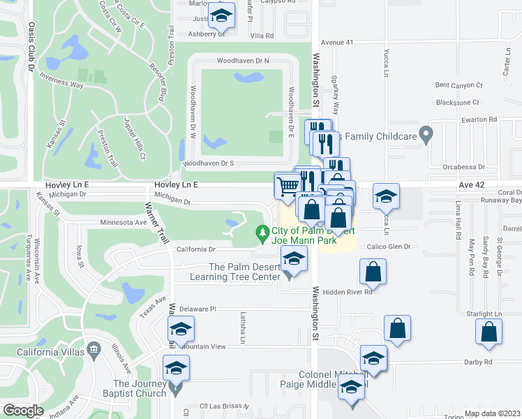 map of restaurants, bars, coffee shops, grocery stores, and more near 77805 Michigan Drive in Palm Desert