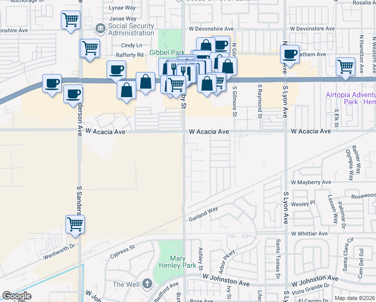 map of restaurants, bars, coffee shops, grocery stores, and more near 381 Carmel Way in Hemet