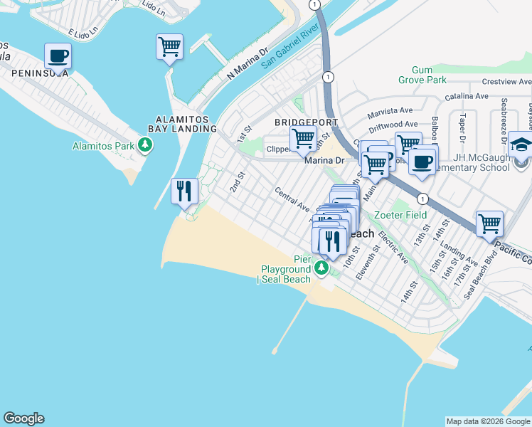 map of restaurants, bars, coffee shops, grocery stores, and more near 114 4th Street in Seal Beach