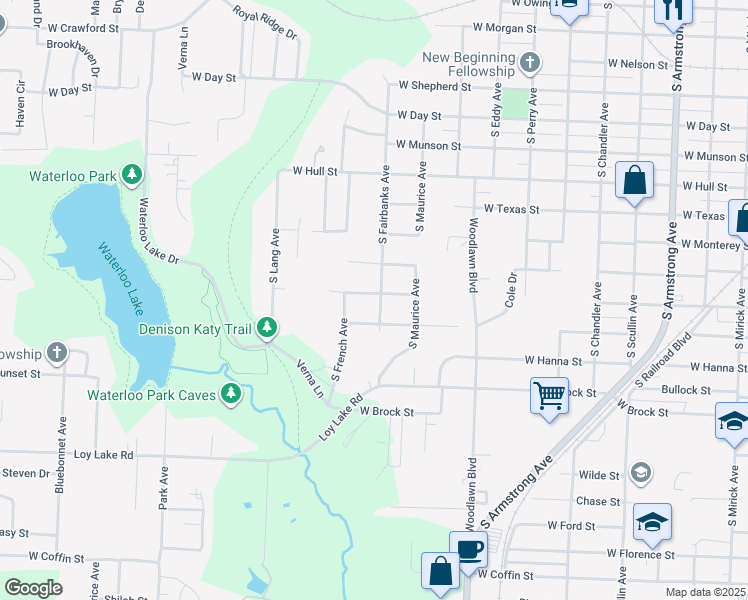 map of restaurants, bars, coffee shops, grocery stores, and more near 1600 West Murray Street in Denison